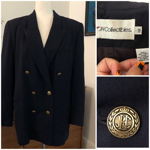 VTG JH Collectibles Wool Blazer Navy Double Breasted 12 M/L Union USA Preppy - Picture 1 of 14